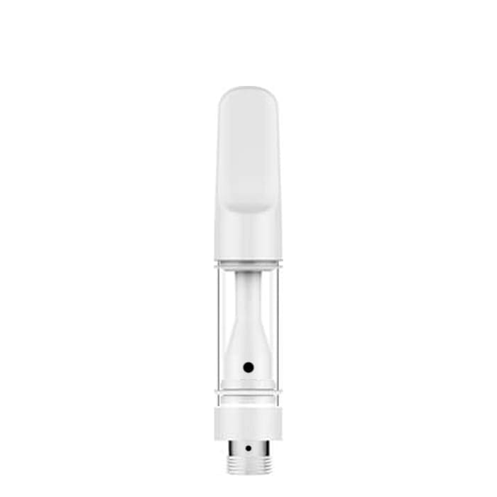 White vape cartridge with clear chamber.