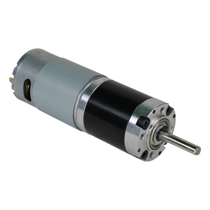 Electric motor with metal casing and shaft.