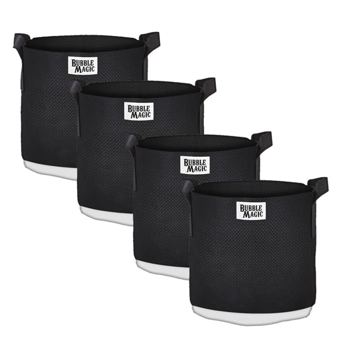 Four black storage bins with handles.