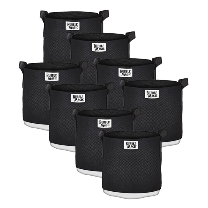 Seven black fabric storage bins stacked together.