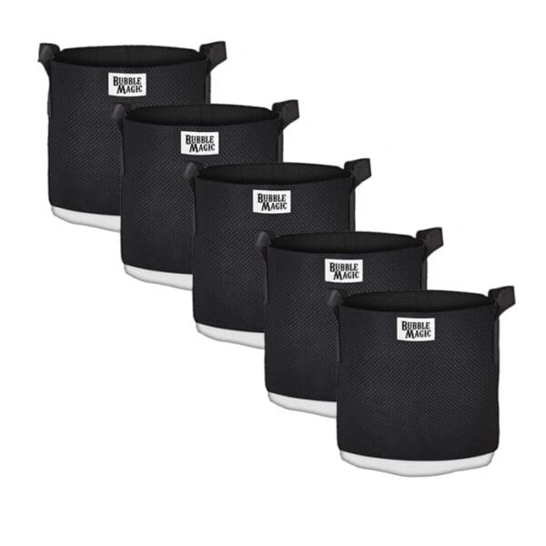 Five black storage baskets in a row.