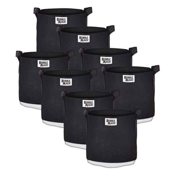 Seven black fabric storage baskets stacked.