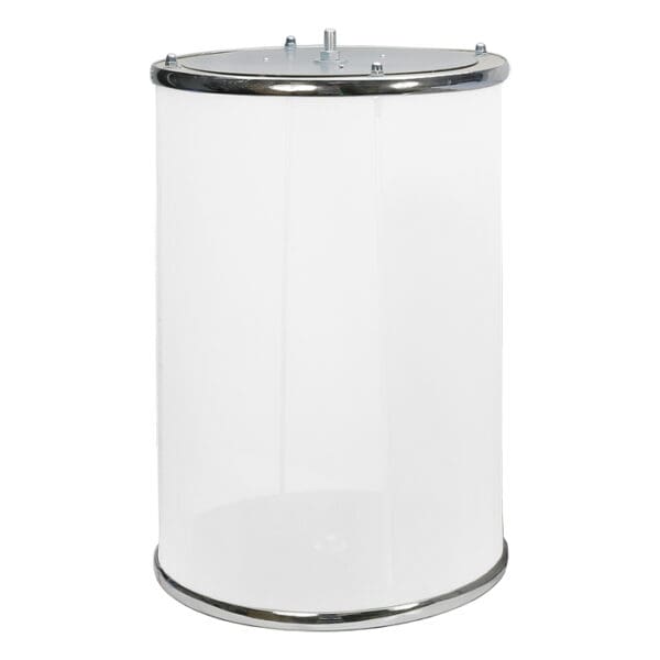 Clear cylindrical display case with metallic trim.