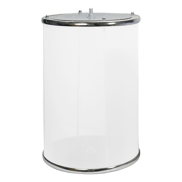 Transparent cylindrical display case with metal base.