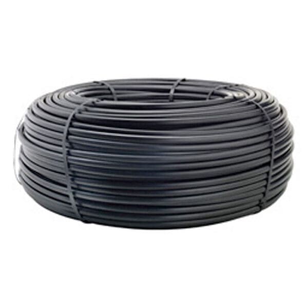 Black coiled wire or tubing on a spool.