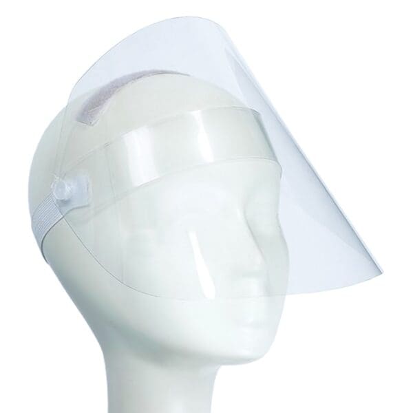 Clear face shield on mannequin head.