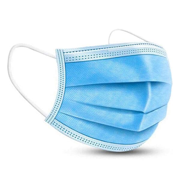 Blue disposable face mask on a white background.