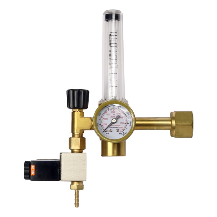 Gas pressure regulator with flowmeter and gauge.