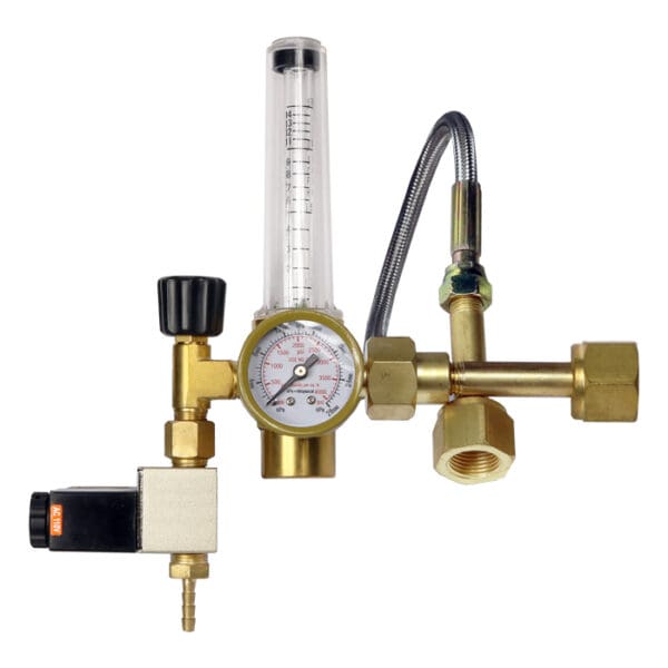 Gas pressure regulator with gauge and flow meter.