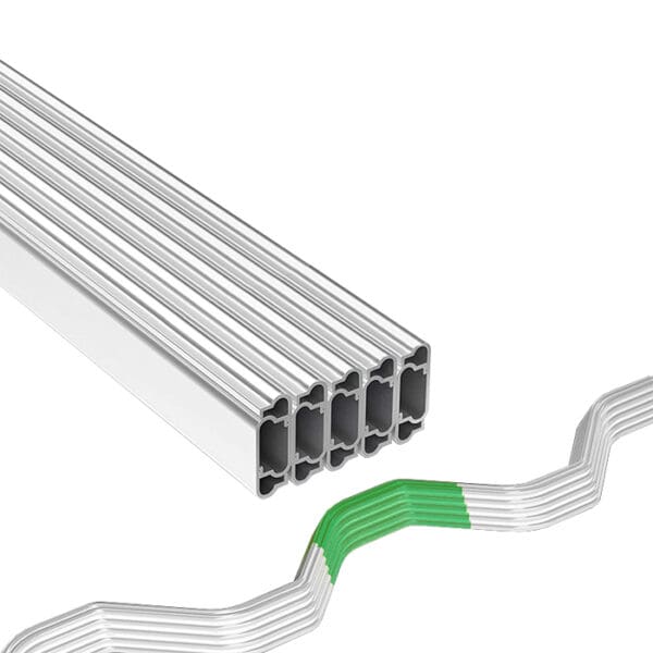 Metal tubes and wires with green highlight.