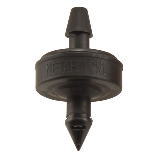 Black irrigation dripper with connectors.
