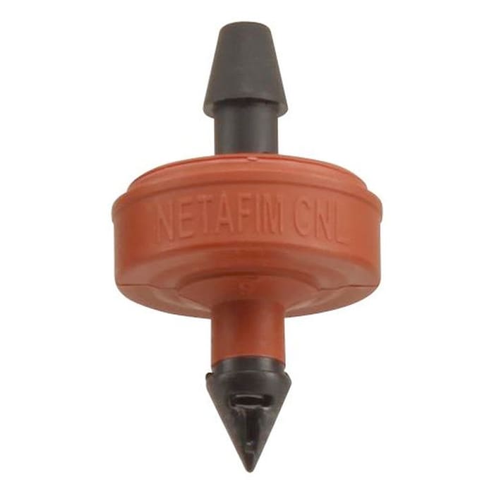 Drip irrigation emitter with red body and nozzle.