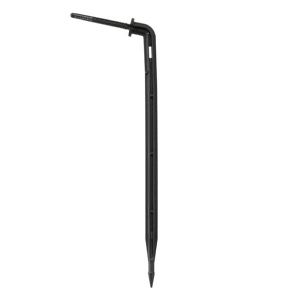 Black plastic garden stake for securing plants.