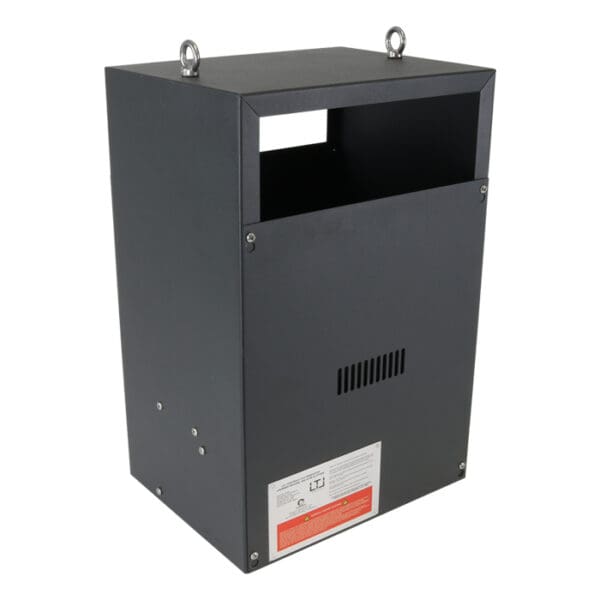 Black electrical enclosure with ventilation openings.