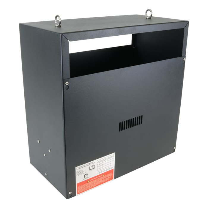 Black electronic storage box with ventilation.