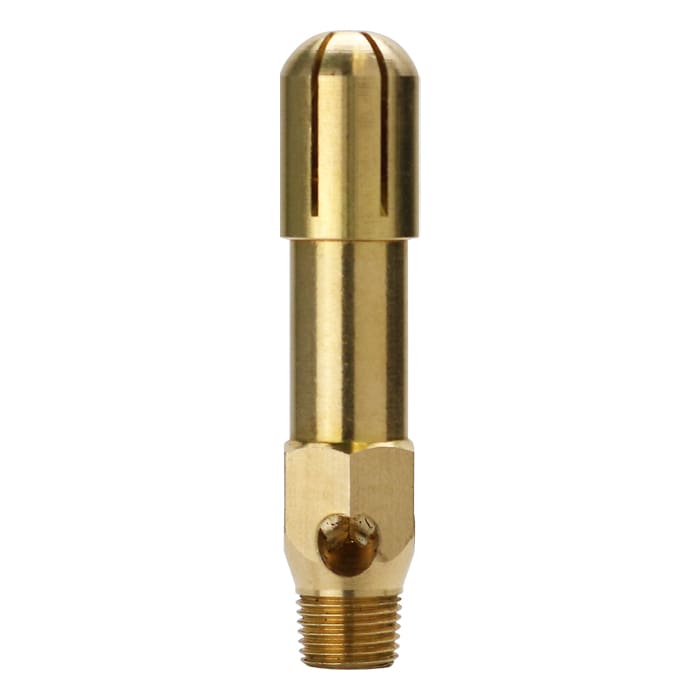 Brass component with threaded end and top design.