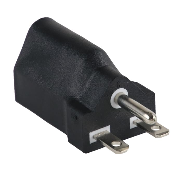 Black electrical plug adapter with metal prongs.