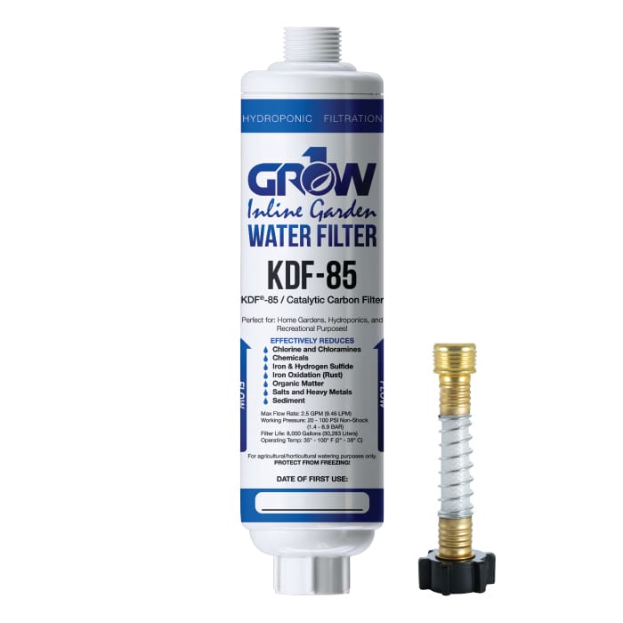 Inline garden water filter KDF-85 with connectors.