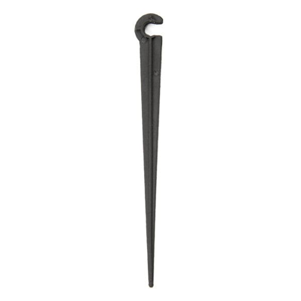 Metal tent stake with a hook end.