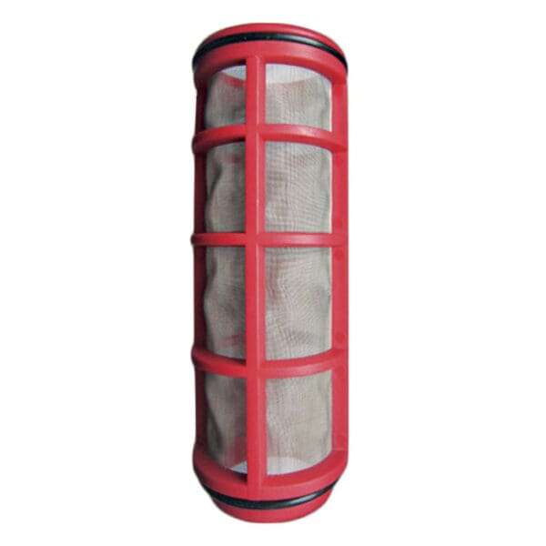 Red cylindrical filter with mesh interior.