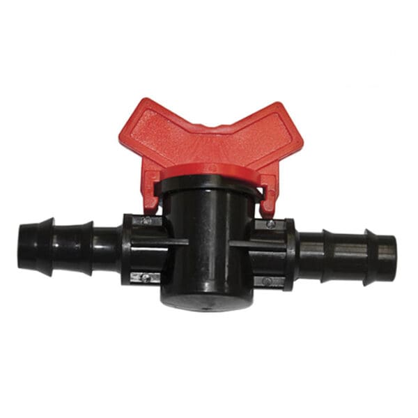 Black plastic valve with red handle.