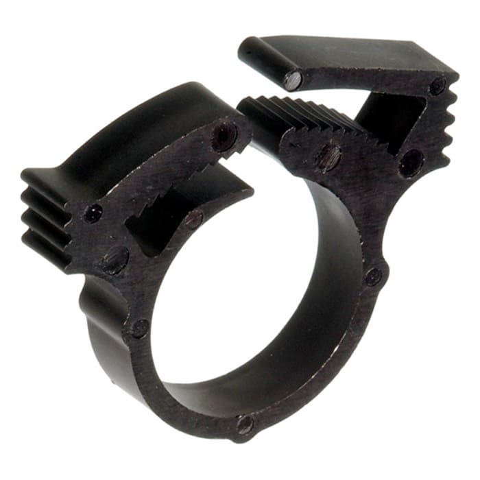 Black metal clamp with adjustable jaws.