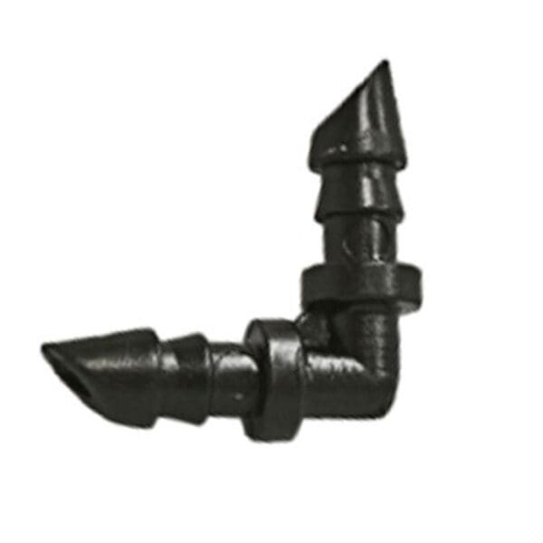 Black plastic L-shaped pipe connector.