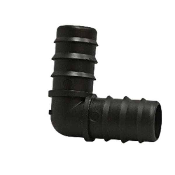 Black plastic L-shaped pipe fitting.