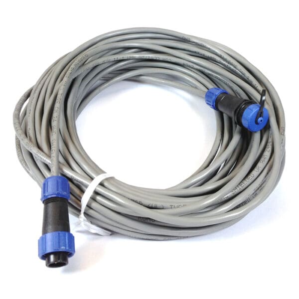 Coiled gray cable with blue connectors.