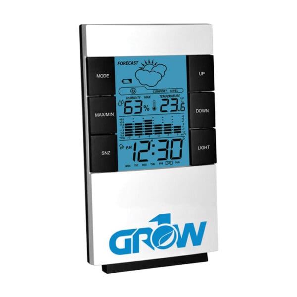 Digital weather station with time and temperature.