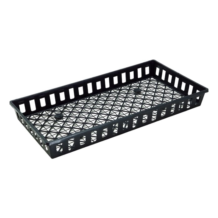 Black rectangular plastic basket with holes.