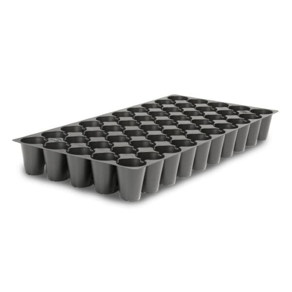 Plastic seedling tray with multiple compartments.