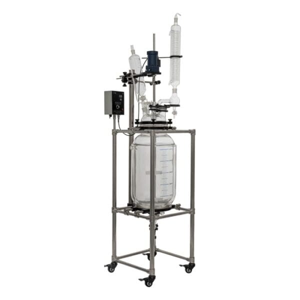 Laboratory glassware with distillation apparatus.