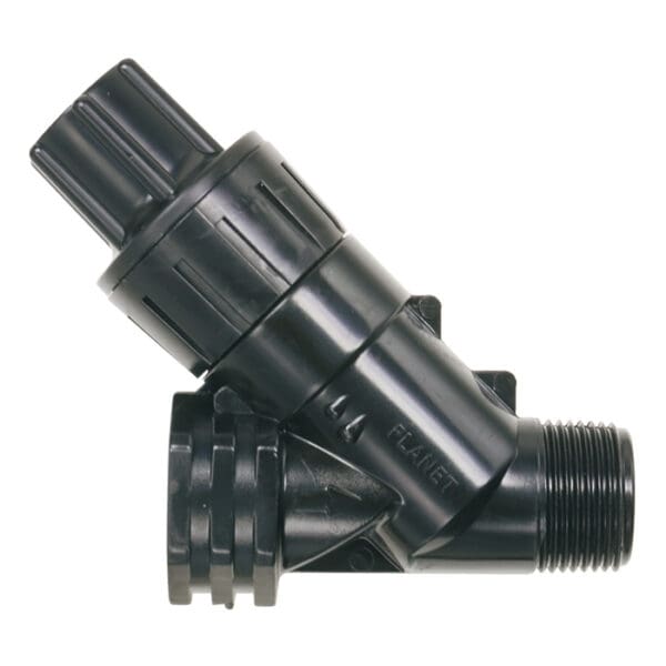 Black plastic plumbing fitting with adjustable valve.