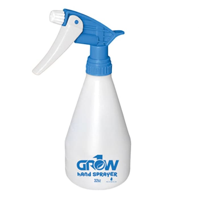 Blue and white spray bottle for gardening.