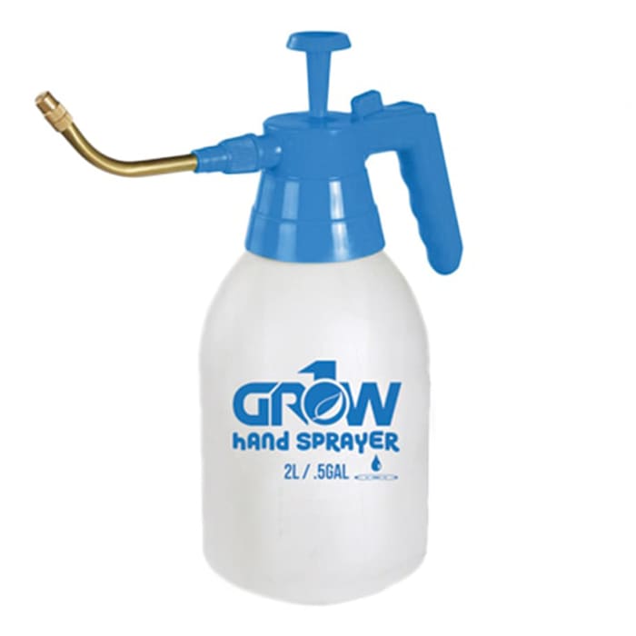 Hand sprayer with blue handle and nozzle.