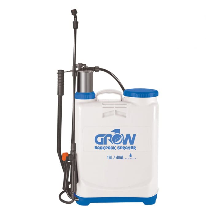 Backpack sprayer with blue and white design.