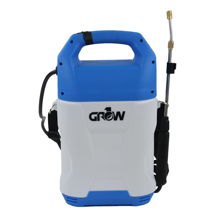 Garden sprayer with blue and white design.