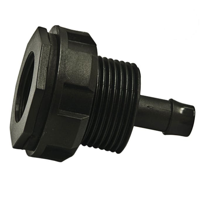 Black plastic hose fitting with threaded connector.