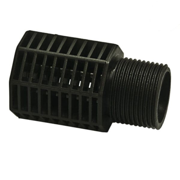 Black threaded pipe fitting for water filtration.