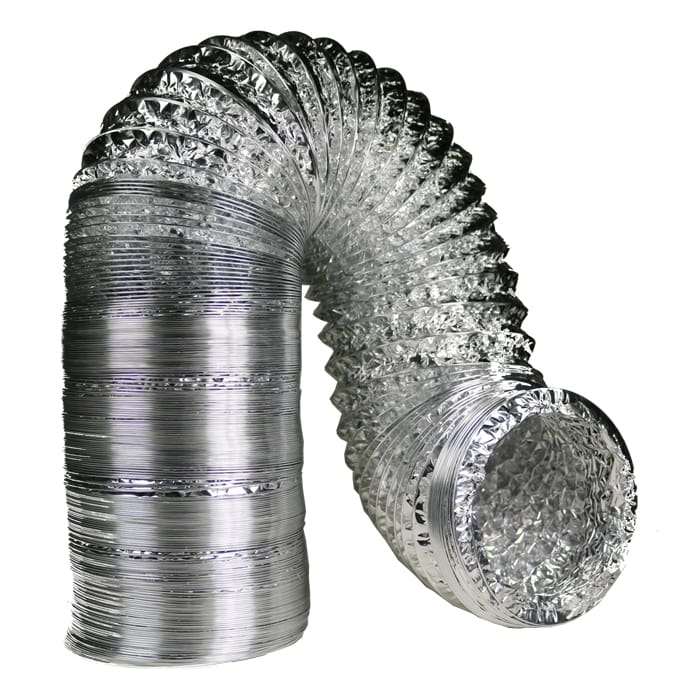 Flexible metal ducting coiled in a loop.