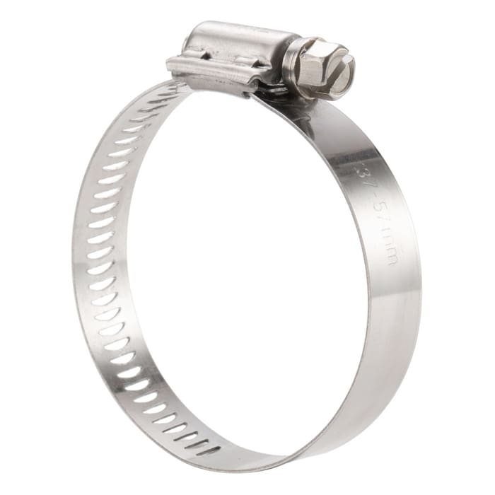 Metal hose clamp with adjustable screw.