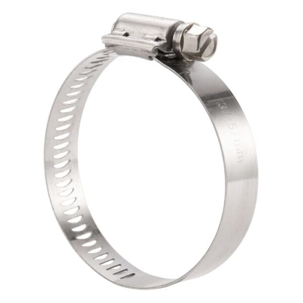 Metal hose clamp with adjustable screw mechanism.