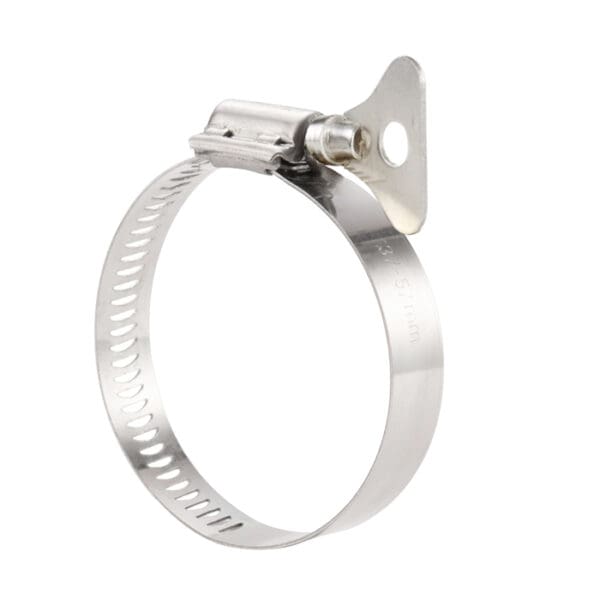 Stainless steel hose clamp with mounting bracket.