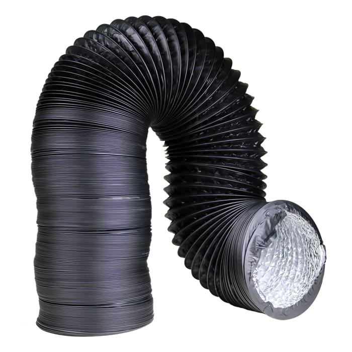 Flexible black ducting tube coiled in shape.