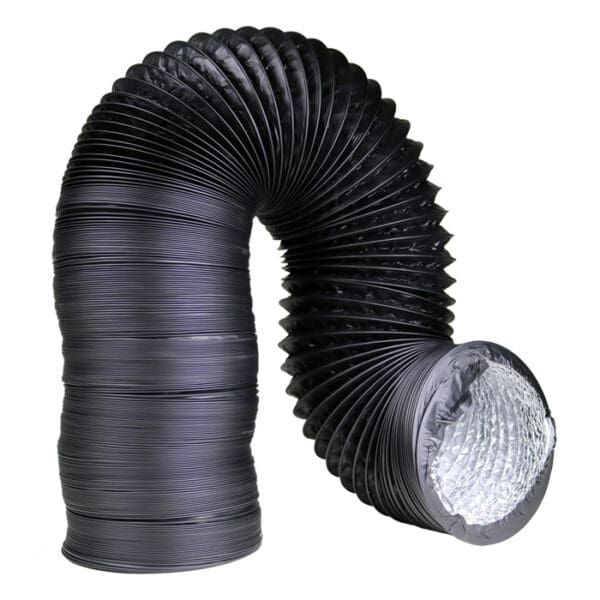 Black flexible ducting hose in curved shape.