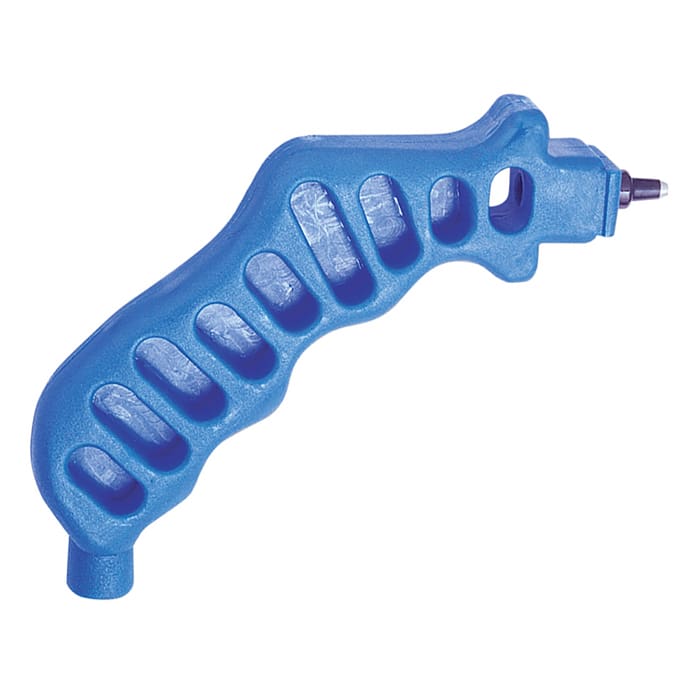 Blue ergonomic tool handle for gripping.