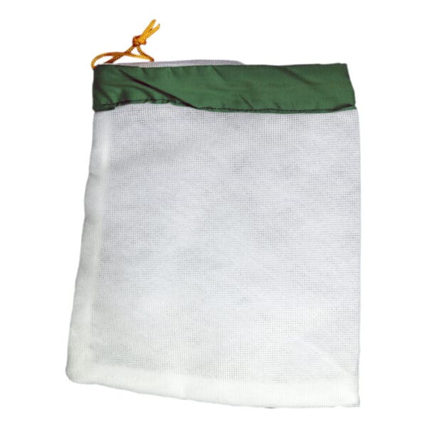 Mesh storage bag with green top.