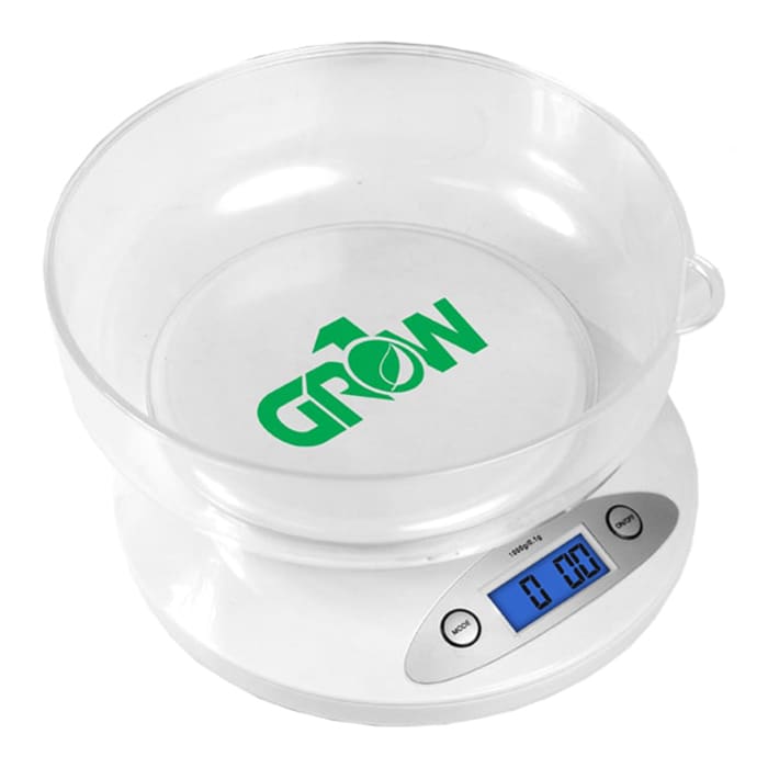 Digital kitchen scale with transparent bowl.