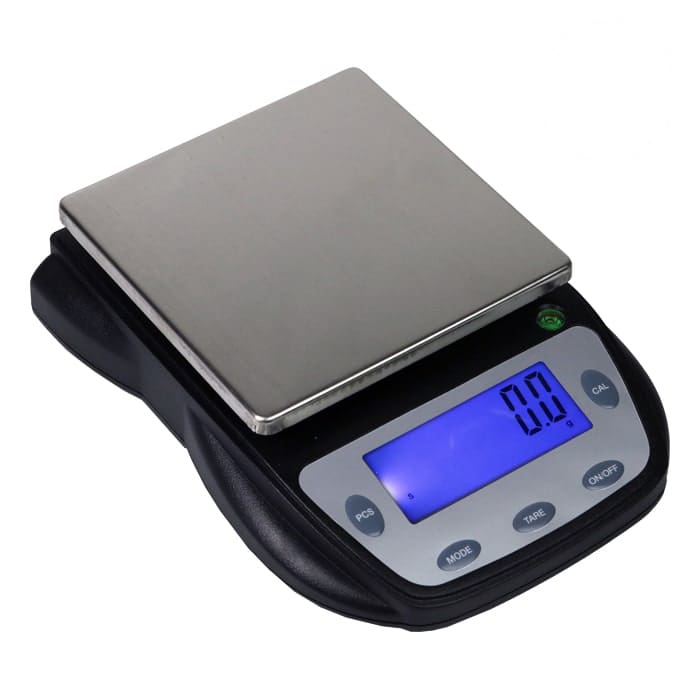 Digital kitchen scale with stainless steel platform.